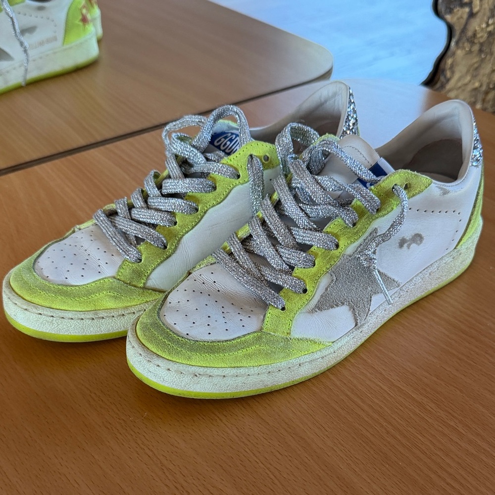Golden Goose Silver and Neon Green Sneakers